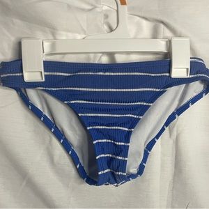 Blue and white striped swim bottoms.